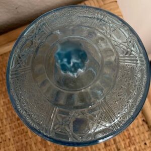 Vintage Light Blue Pressed Glass Candy Dish W/ Lid Stars And Daisies